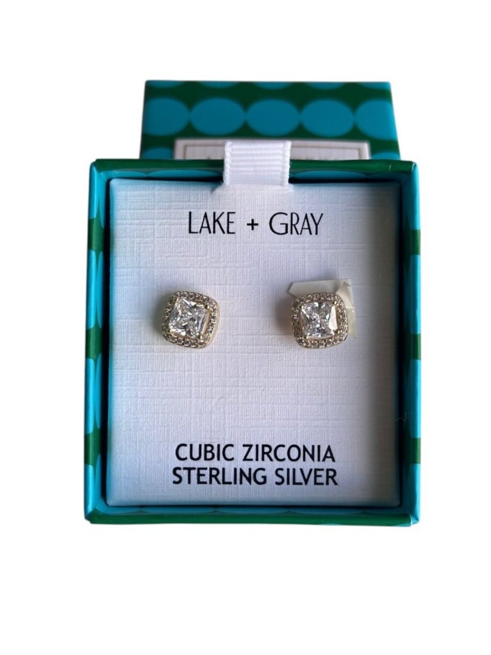 NWT Lake + Gray CZ Square Halo Gold Over Sterling Silver Stud Earrings